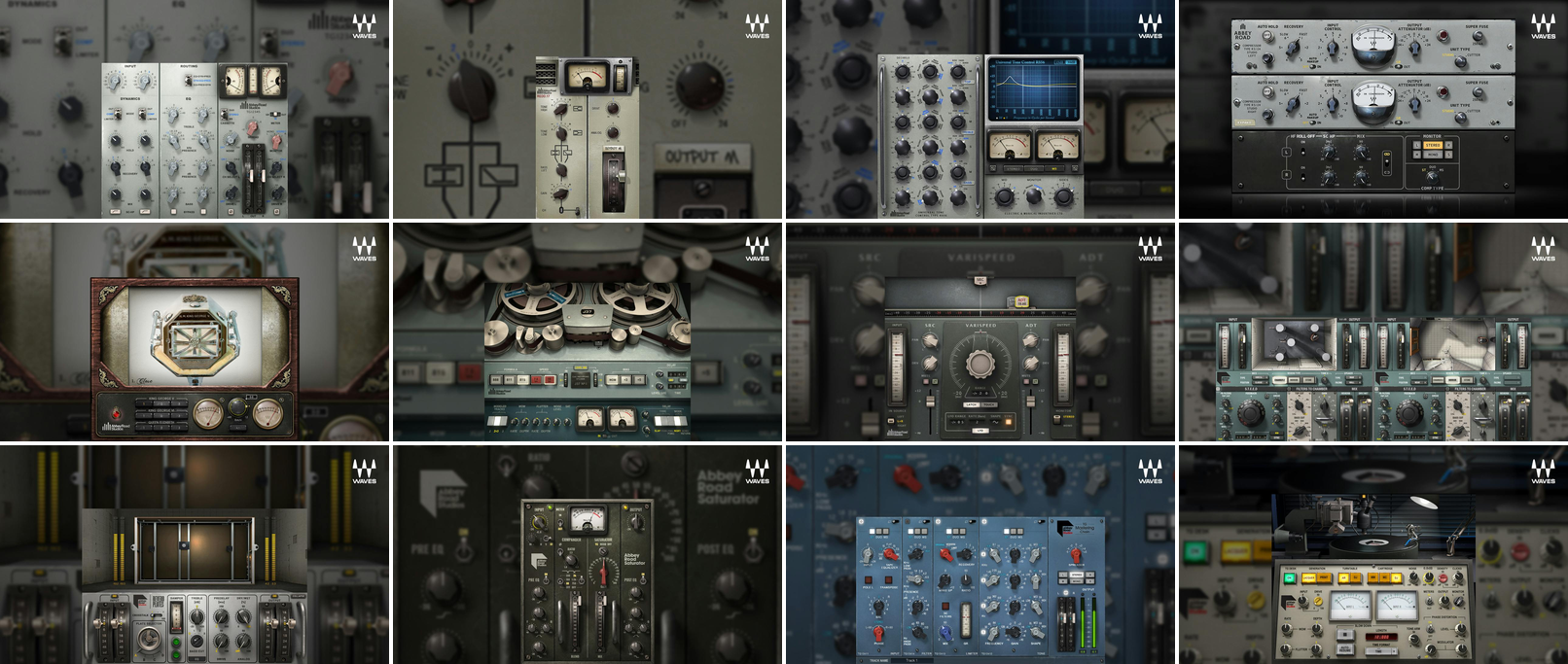 Abbey Road Collectionに入っている12本のプラグインの画面を並べたもの。上段左からEMI TG12345・REDD・RS56・RS124、中段がThe King's Microphones・J37・Reel ADT・Chambers、下段がReverb Plates・Saturator・TG Mastering Chain・Vinyl（Waves公式の製品画像）