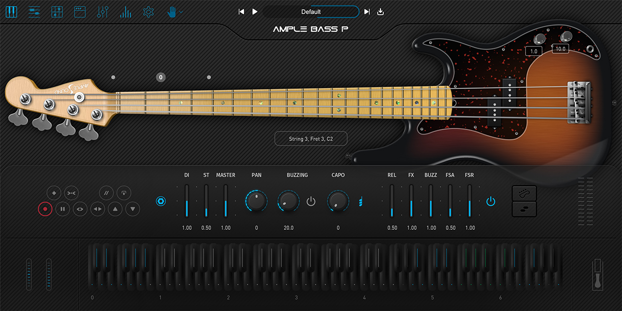 Ample Bass Pのメイン画面。Pベースの指板と、DI・ST・MASTER・CAPOなどのつまみ(Ample Sound公式の製品画像)