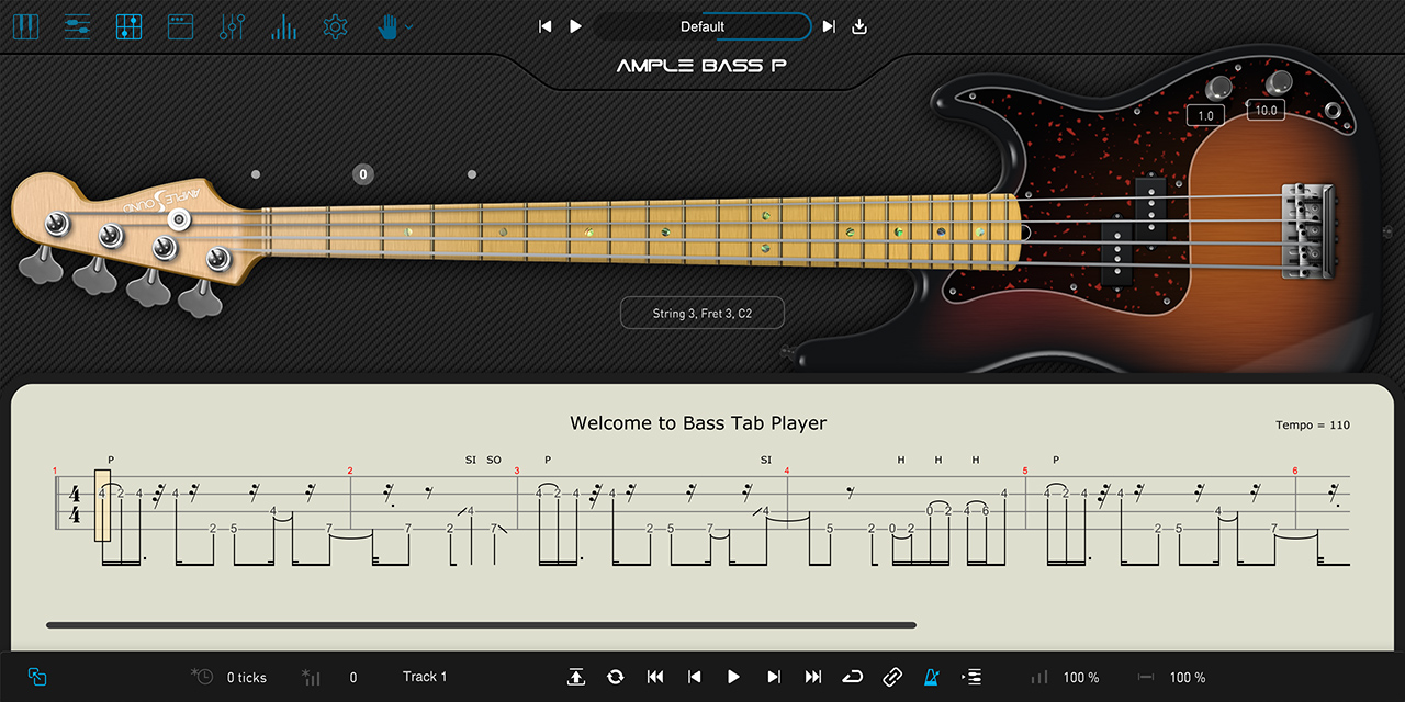 Ample Bass PのTab Reader。Guitar Proのタブ譜を読み込んで鳴らす画面(Ample Sound公式の製品画像)