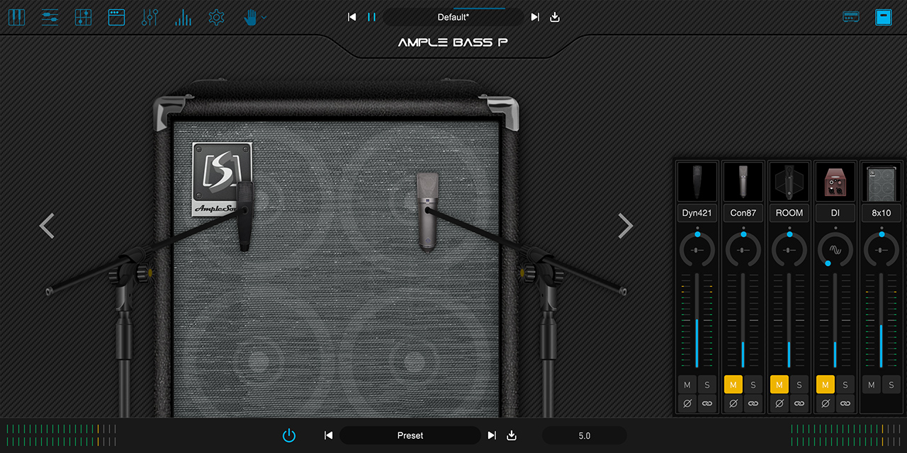 Ample Bass Pのキャビネットとミキサー。8x10のキャビネットにマイク2本、DIやROOMのフェーダー(Ample Sound公式の製品画像)