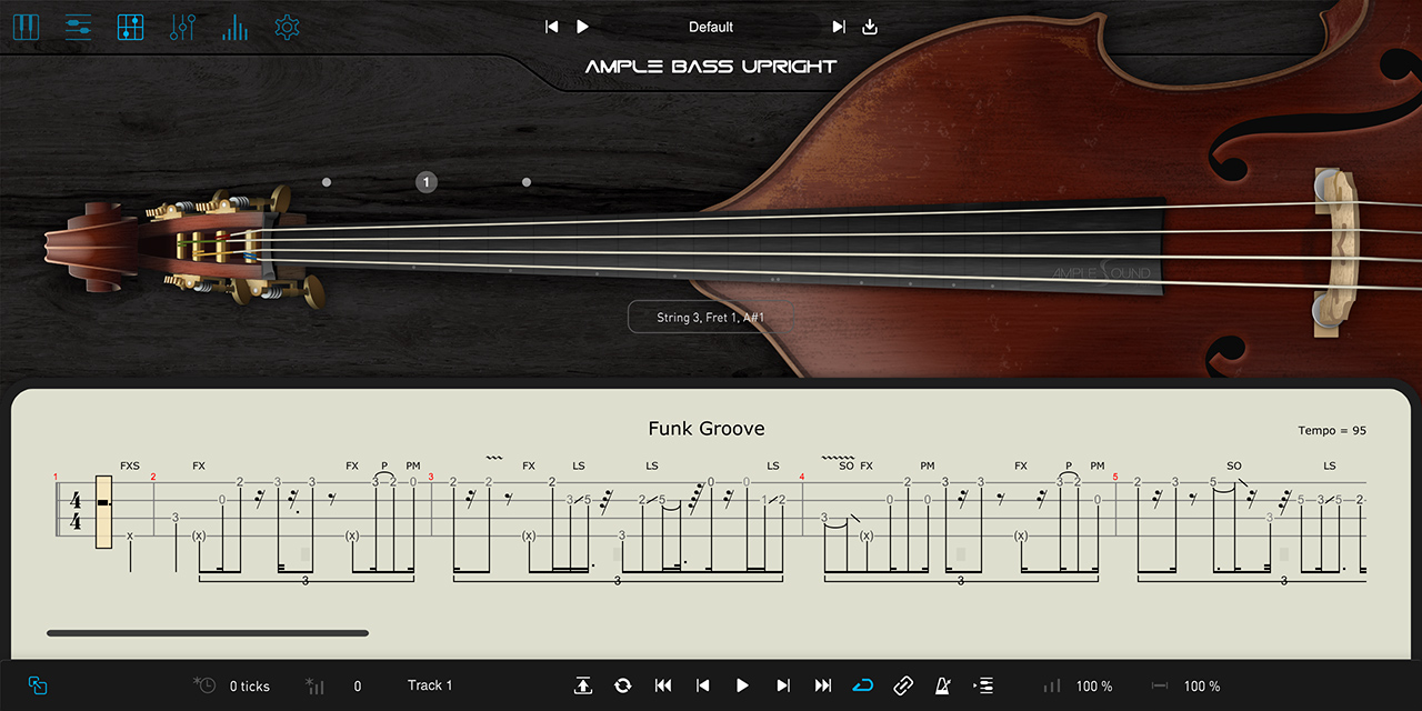 Ample Bass UprightのTab Reader。タブ譜を読み込んで鳴らす画面（Ample Sound公式の製品画像）