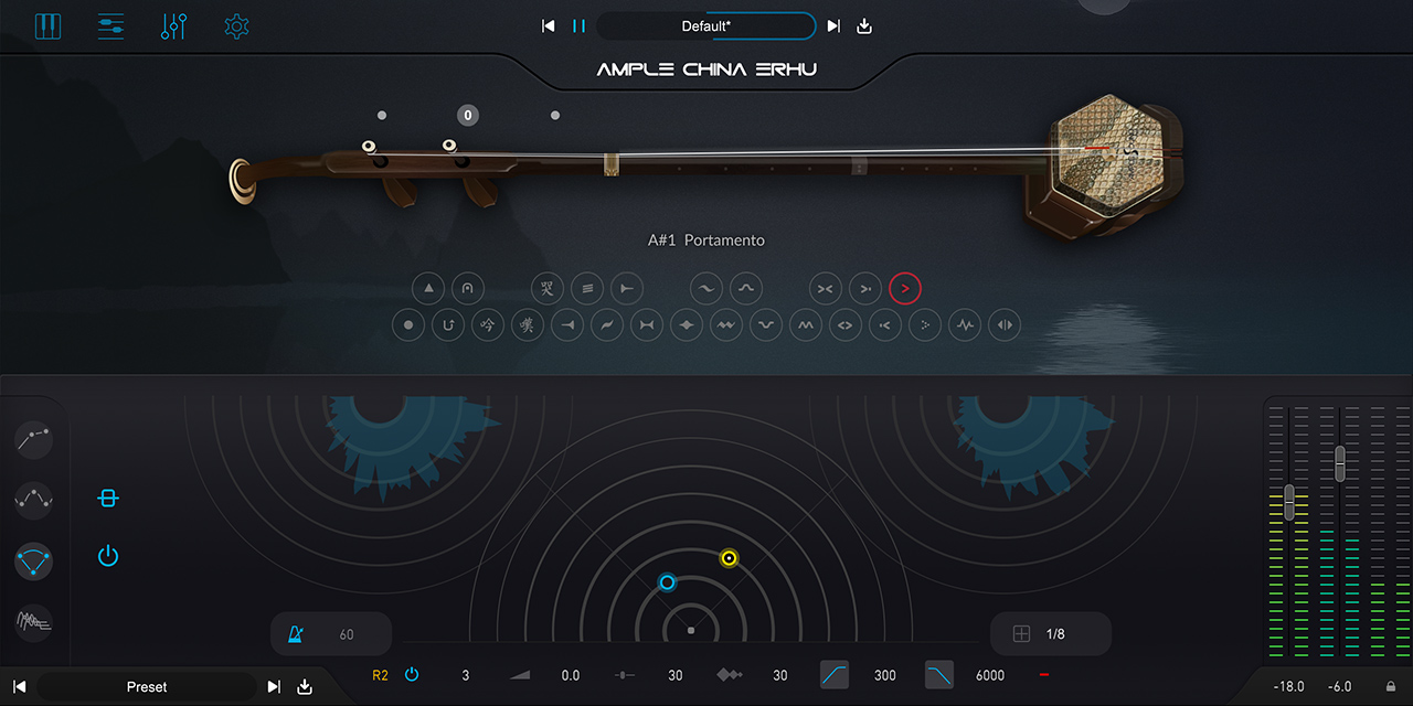 Ample China Erhuのエフェクト画面。空間系のつまみとレベルメーターが並ぶ（Ample Sound公式の製品画像）
