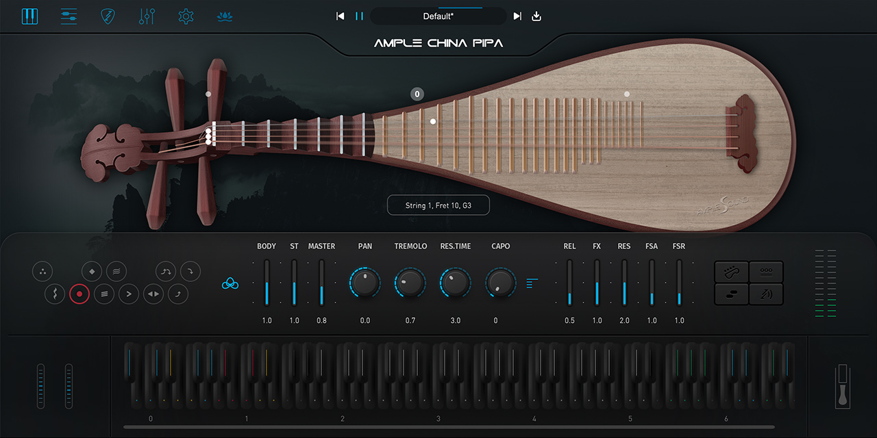Ample China Pipaのメイン画面。中央に琵琶の本体、下にBODY・TREMOLOなどのつまみと鍵盤（Ample Sound公式の製品画像）