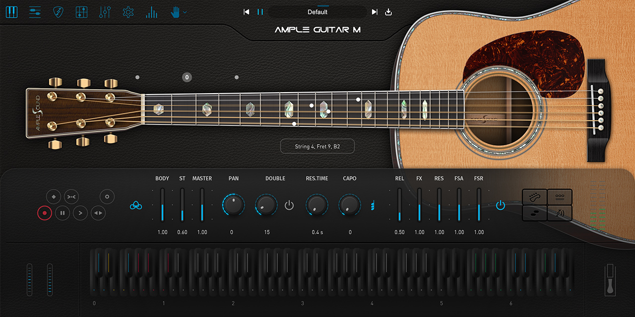 Ample Guitar Mのメイン画面。マーティンD-41の指板とボディ、下にBODY・ST・DOUBLE・CAPOなどのつまみ（Ample Sound公式の製品画像）