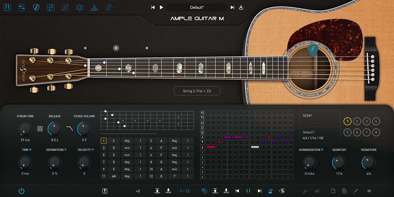 Ample Guitar MのStrummer画面。左にコードの一覧、右にストロークの上下を並べるシーケンサー（Ample Sound公式の製品画像）
