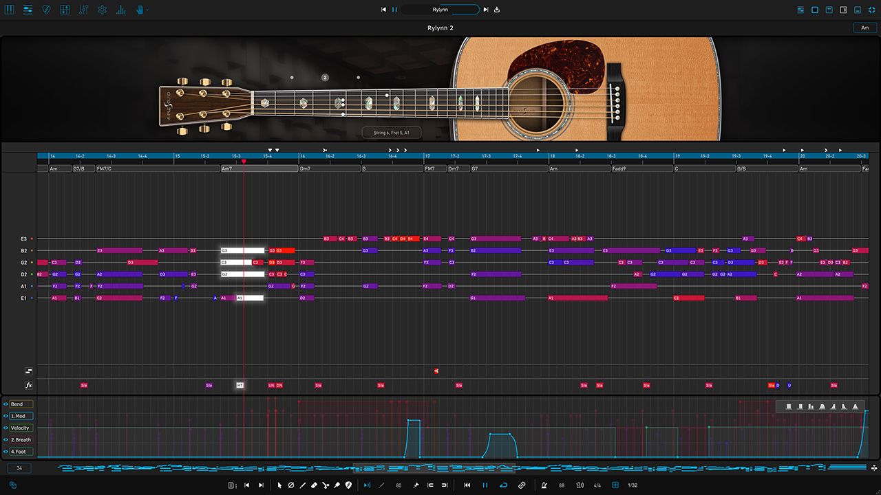 Ample Guitar MのRiffer 4。弦ごとの線の上に音符を置いてアコギのフレーズを打ち込む画面（Ample Sound公式の製品画像）