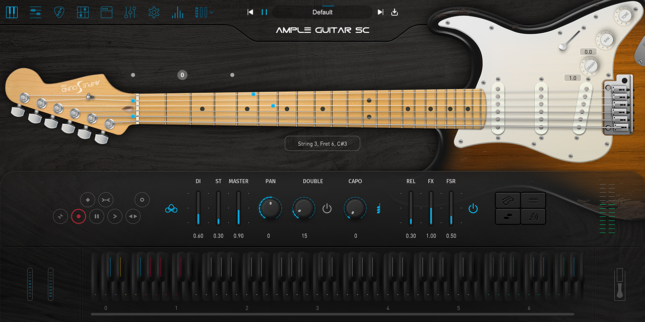 Ample Guitar SCのメイン画面。ストラトキャスターの指板とピックアップ、下にDI・ST・MASTER・DOUBLE・CAPOなどのつまみ（Ample Sound公式の製品画像）