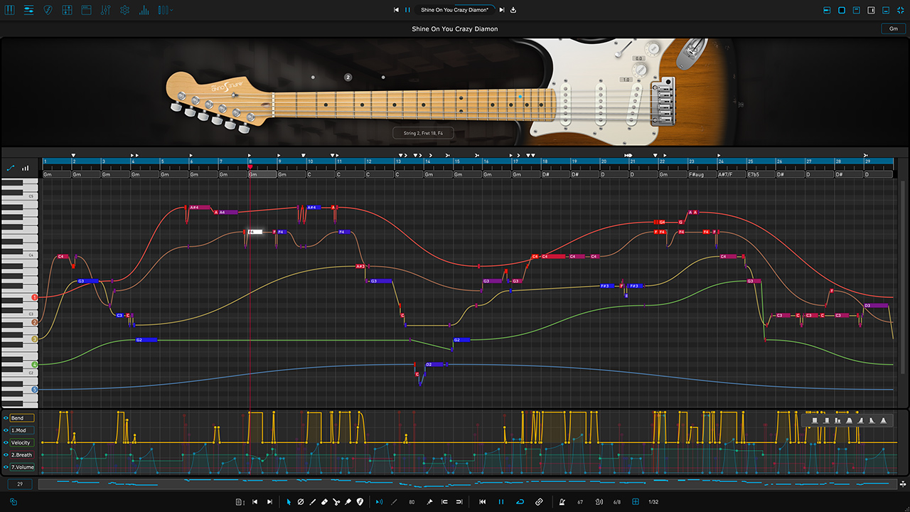 Ample Guitar SCのRiffer 4。ピアノロールに弦ごとの線とベンドの曲線が描かれたギターソロの打ち込み画面（Ample Sound公式の製品画像）