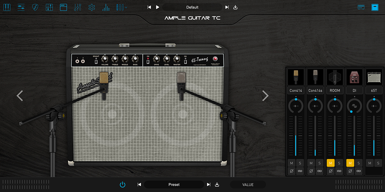 Ample Guitar TCのアンプ画面。65-Twangのアンプに2本のマイク、右にCon414・Con414s・ROOM・DI・65Tのミキサー（Ample Sound公式の製品画像）
