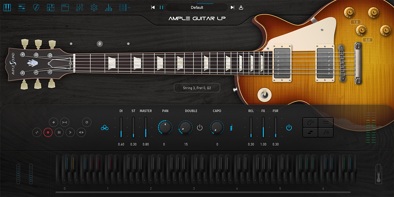 Ample Guitar LPのメイン画面。レスポールの指板とピックアップ、下にDI・ST・MASTERなどのつまみ（Ample Sound公式の製品画像）