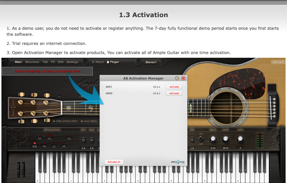 Ample Sound公式チュートリアル:Activation Managerで製品を認証する画面。Ample Guitarは1回でまとめて認証できる