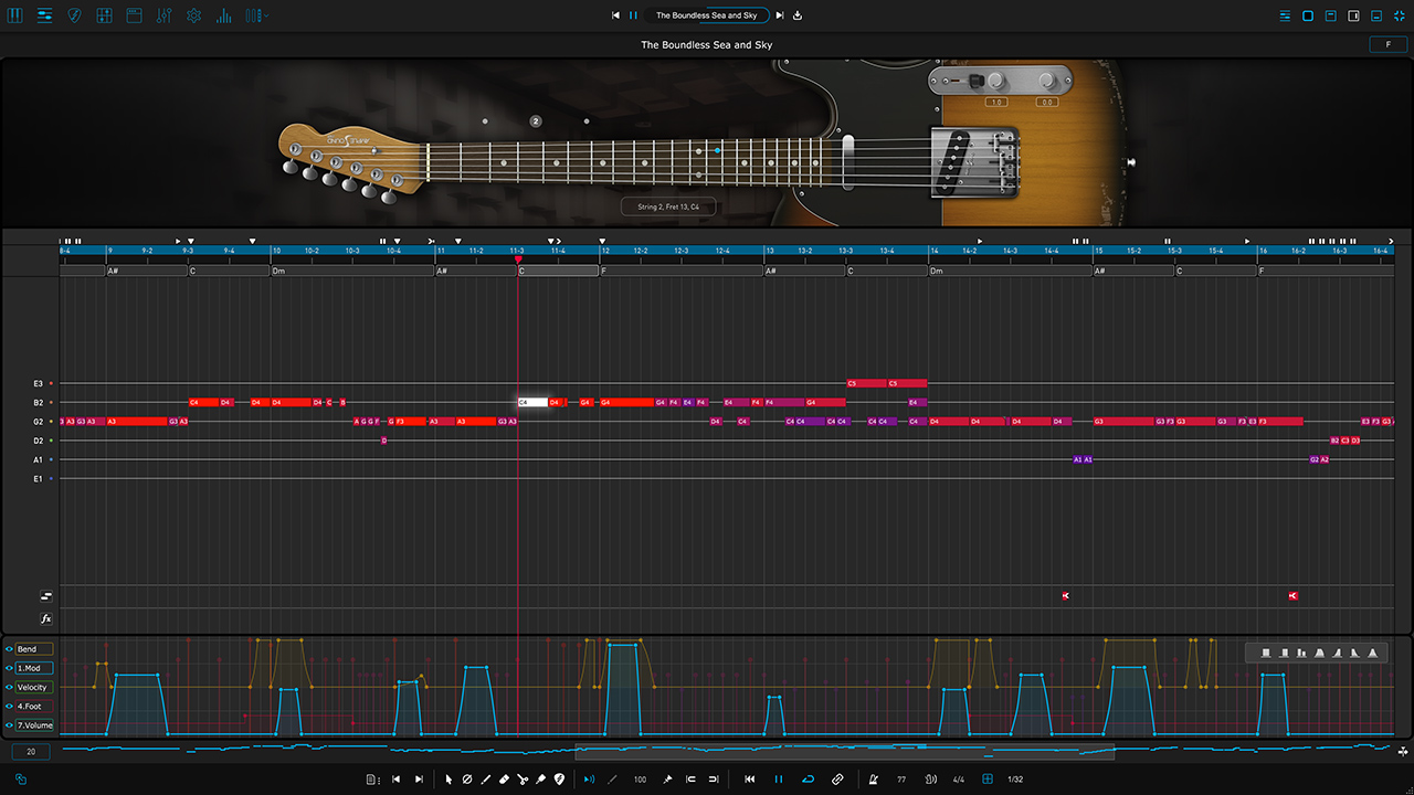 Ample Guitar TC の Riffer のタブ表示（Tab Mode）。弦ごとの横線の上に音が並ぶ（Ample Sound 公式の画像）