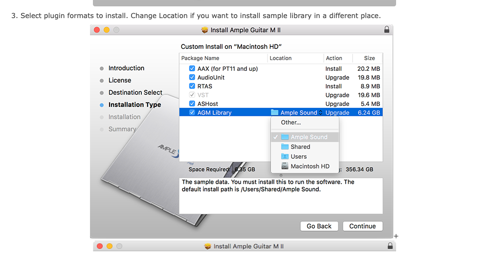 Ample Sound公式チュートリアル:Macのインストーラーで形式を選び、音のデータの場所を変えられる画面(標準は/Users/Shared/Ample Sound)