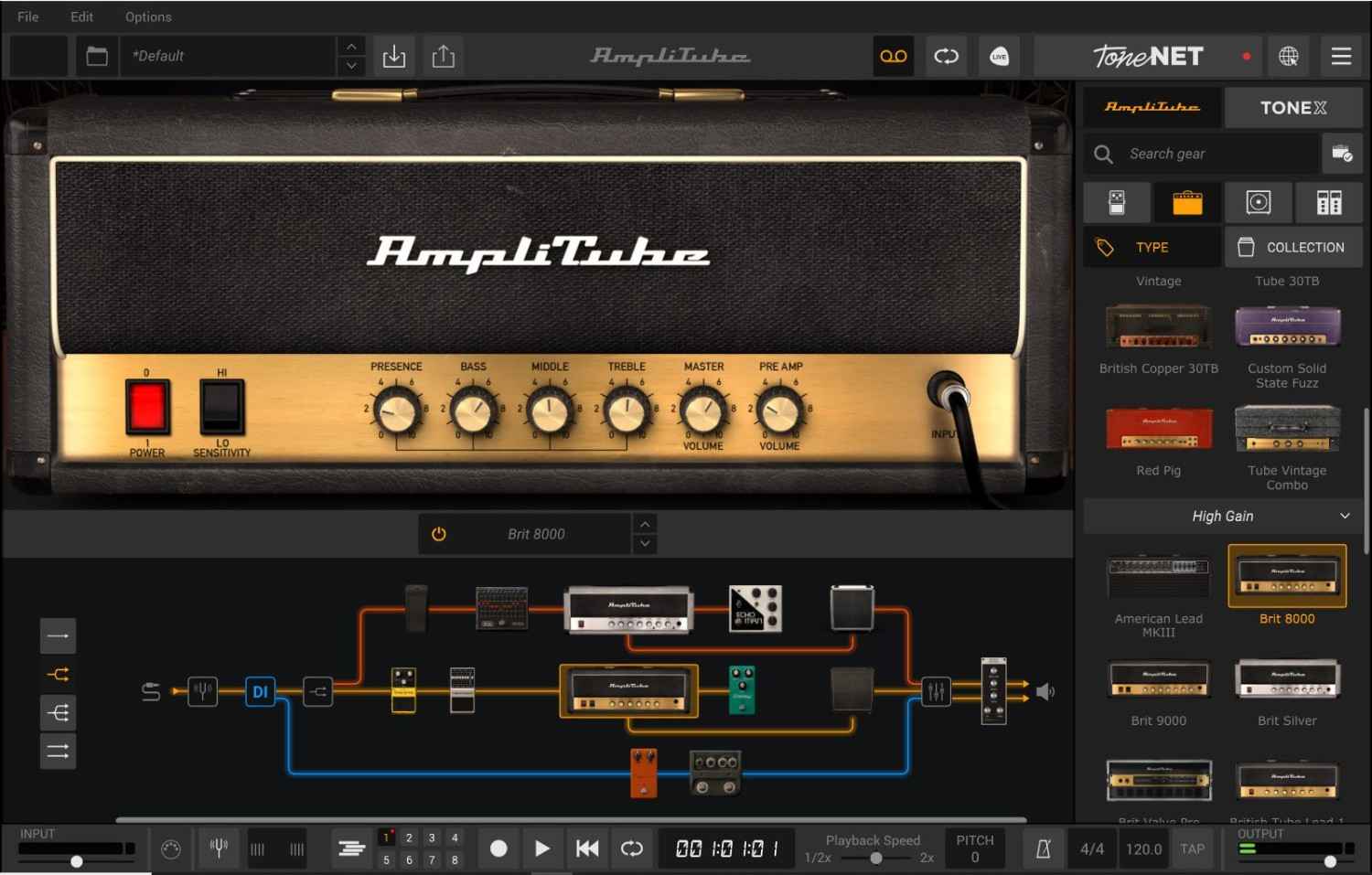 AmpliTube 5の画面。上にアンプ、下にペダル・アンプ・キャビネットをつなぐ信号の流れ、右に機材を選ぶ一覧（Plugin Boutiqueの製品画像）