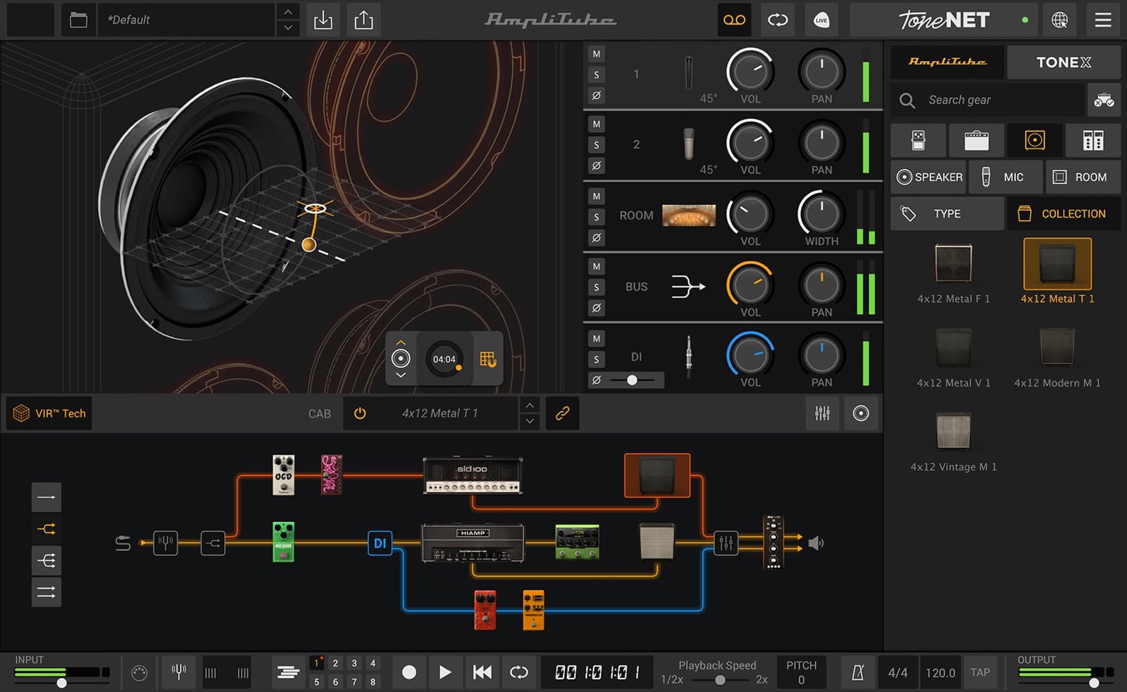 AmpliTube 5のキャビネットの画面。スピーカーに対するマイクの位置を動かせるVIRの表示（IK Multimedia公式の画像）
