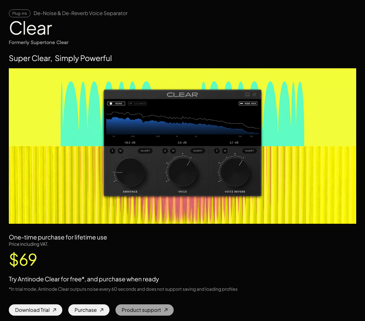 Antinode AudioのClearの製品ページ。旧Supertone Clearと書かれ、AMBIENCE・VOICE・VOICE REVERBの3つのつまみが並ぶ（Antinode Audio公式・2026年10月22日時点）
