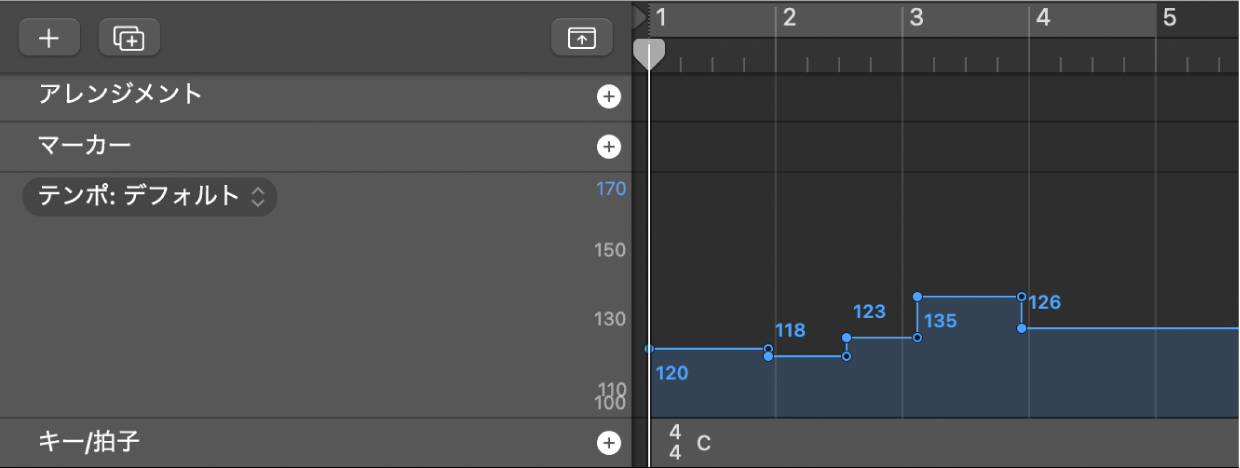 Logic Proのテンポトラック。小節ごとにテンポポイントを置いてテンポを変えている(Apple公式ユーザガイドより)