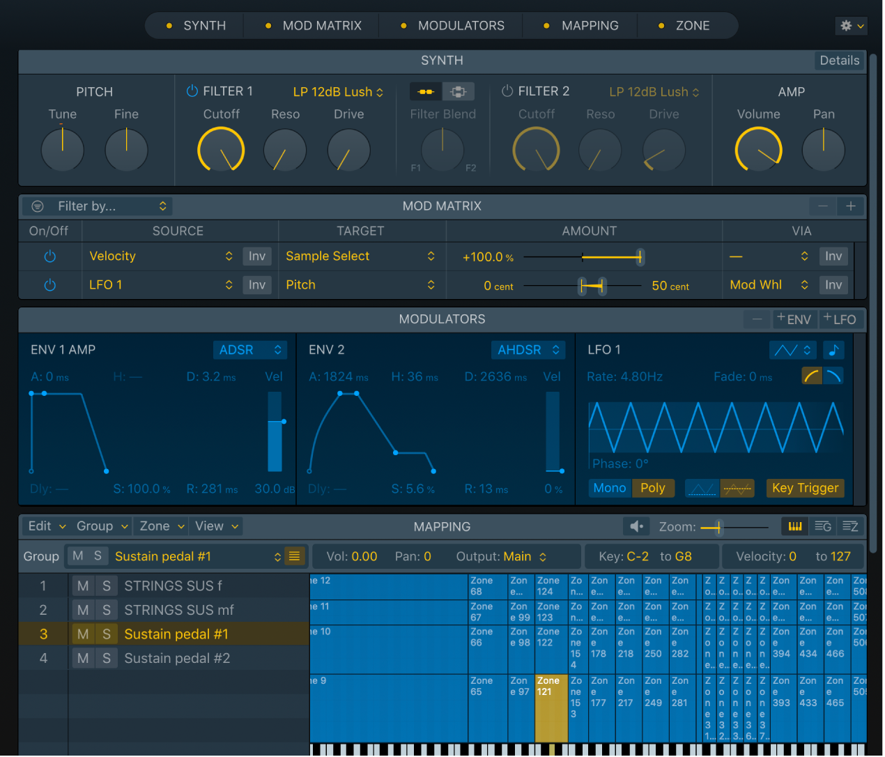 LogicのSamplerの画面。SYNTH・MOD MATRIX・MODULATORS・MAPPINGのパネルが縦に並ぶ(Apple公式ユーザガイドの画像より)