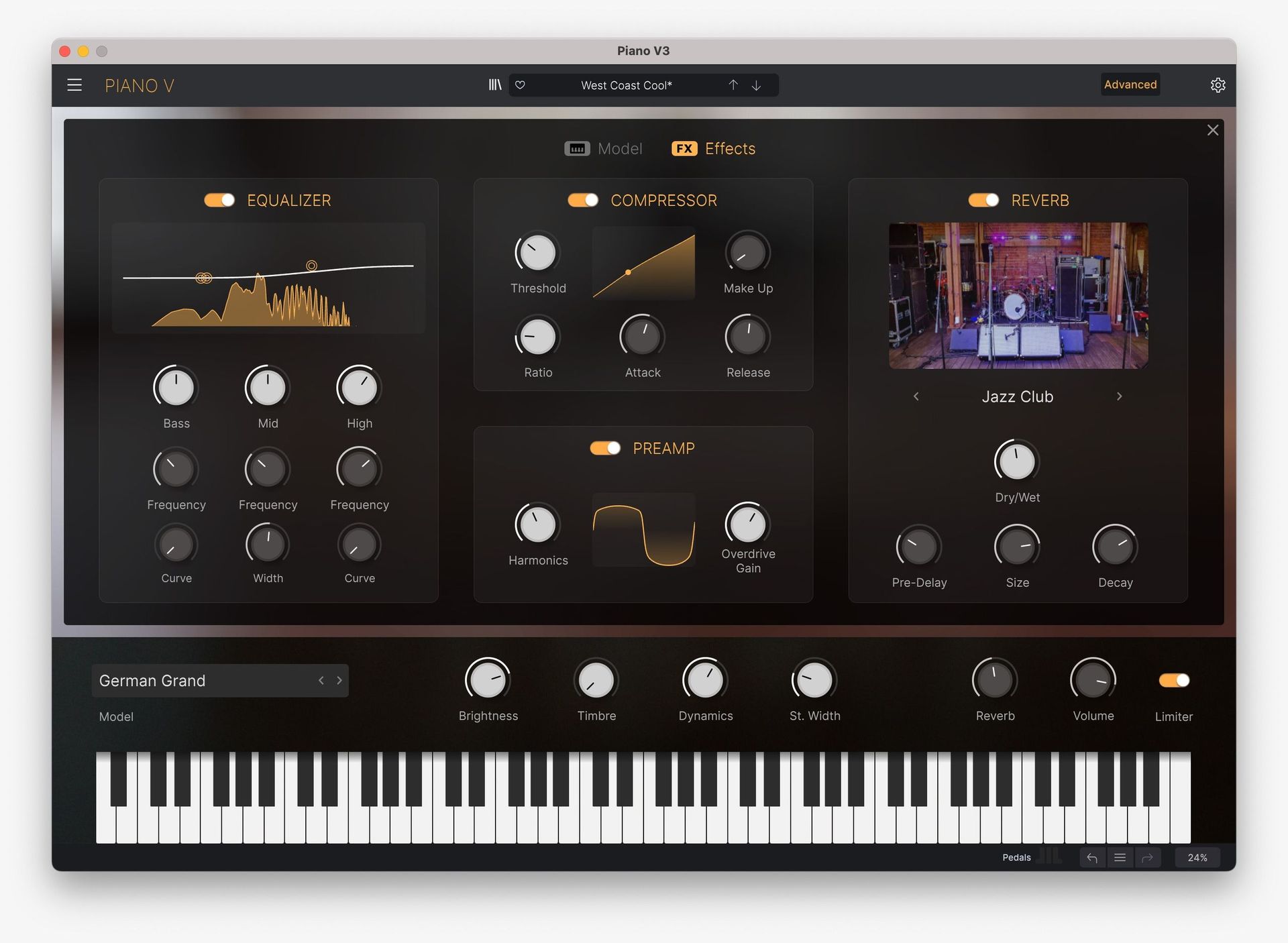 Piano V3のEffects画面。イコライザー・コンプレッサー・プリアンプ・リバーブ(Arturia公式の画像)
