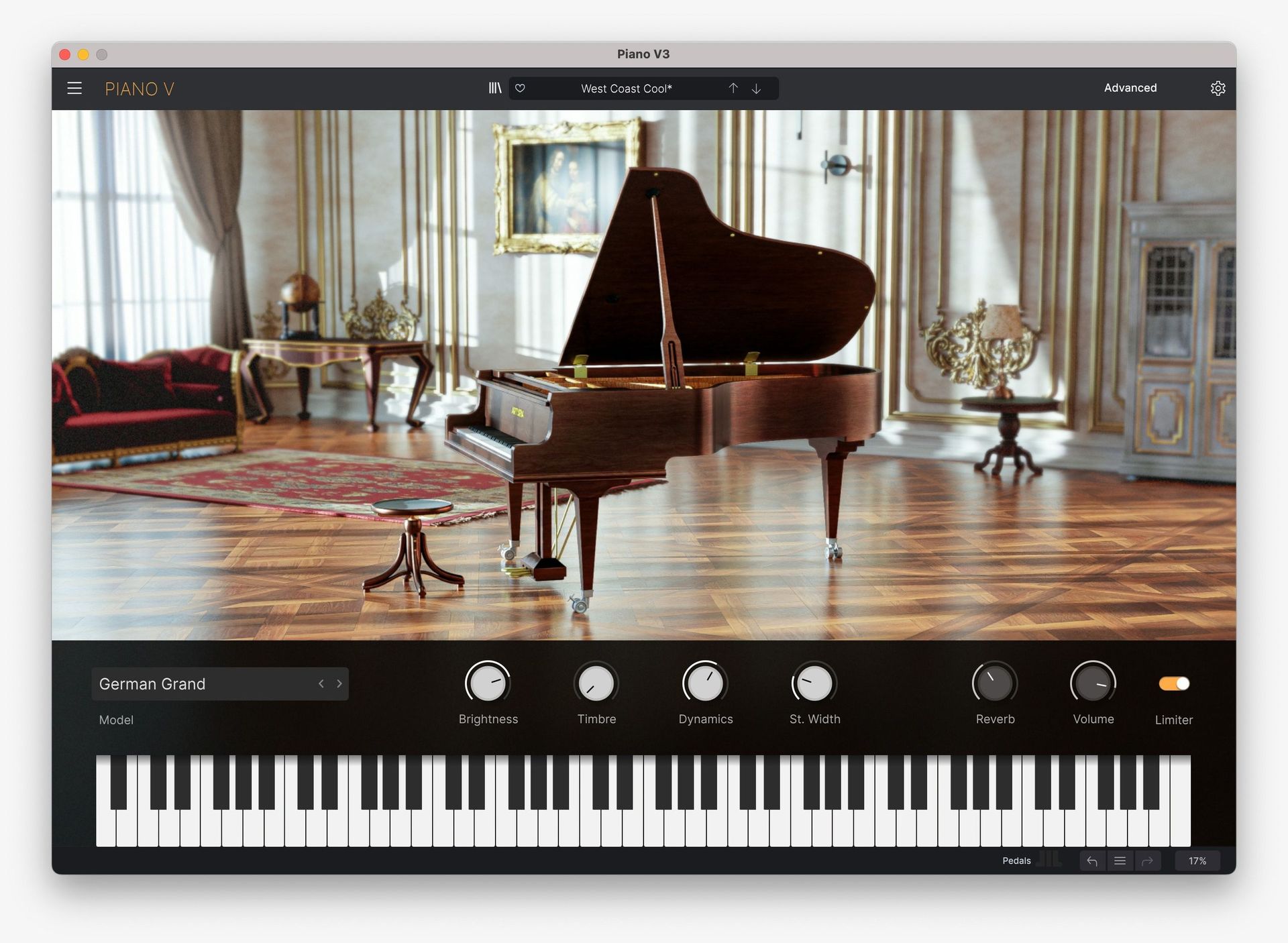 Piano V3のメイン画面。ピアノのモデル選択と、Brightness・Timbre・Dynamics・St. Width・Reverbのつまみ(Arturia公式の画像)