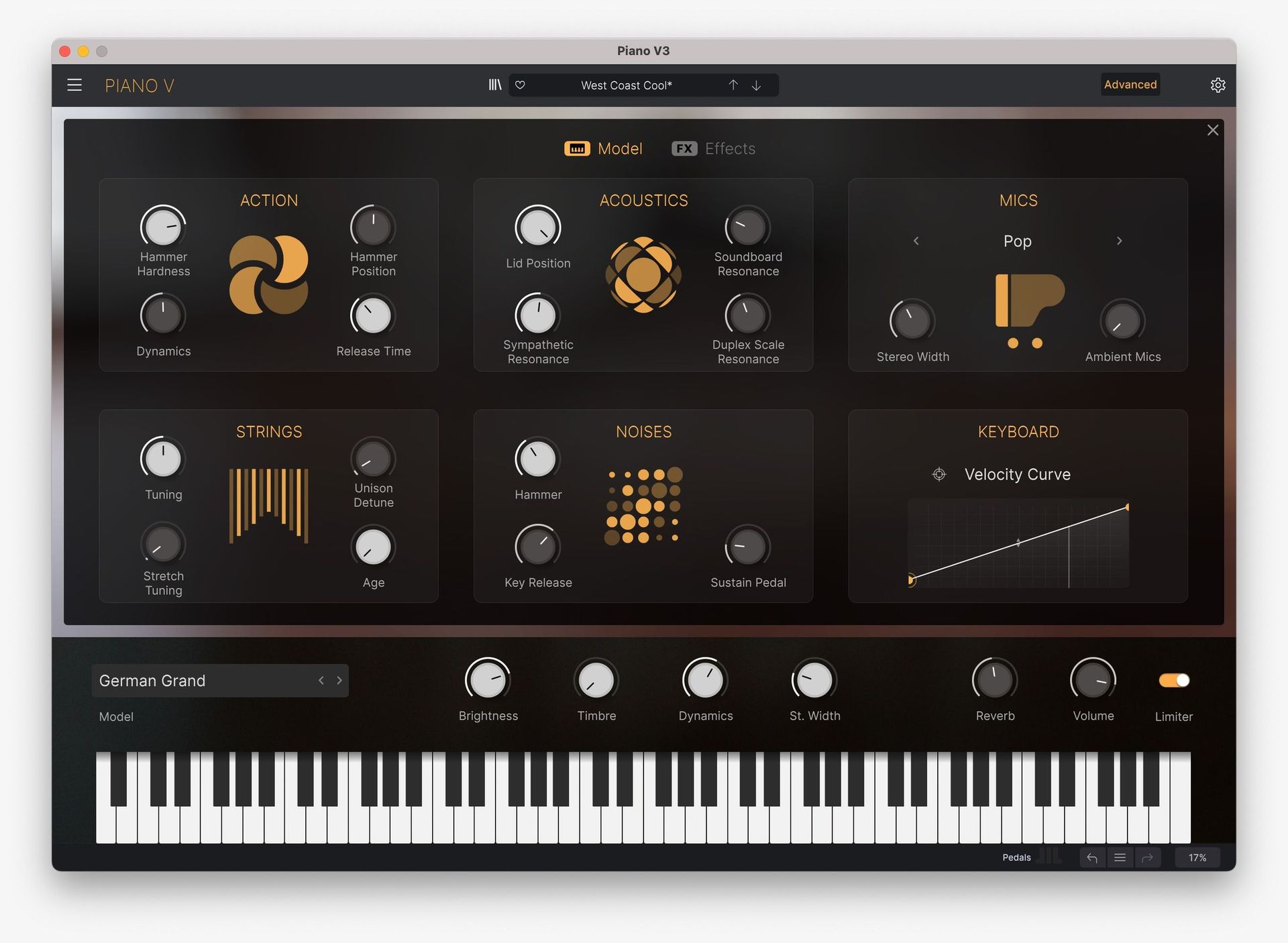 Piano V3のModel画面。ハンマーの硬さ・蓋の開き具合・マイク・弦の古さ・ノイズ・ベロシティカーブを調整できる(Arturia公式の画像)