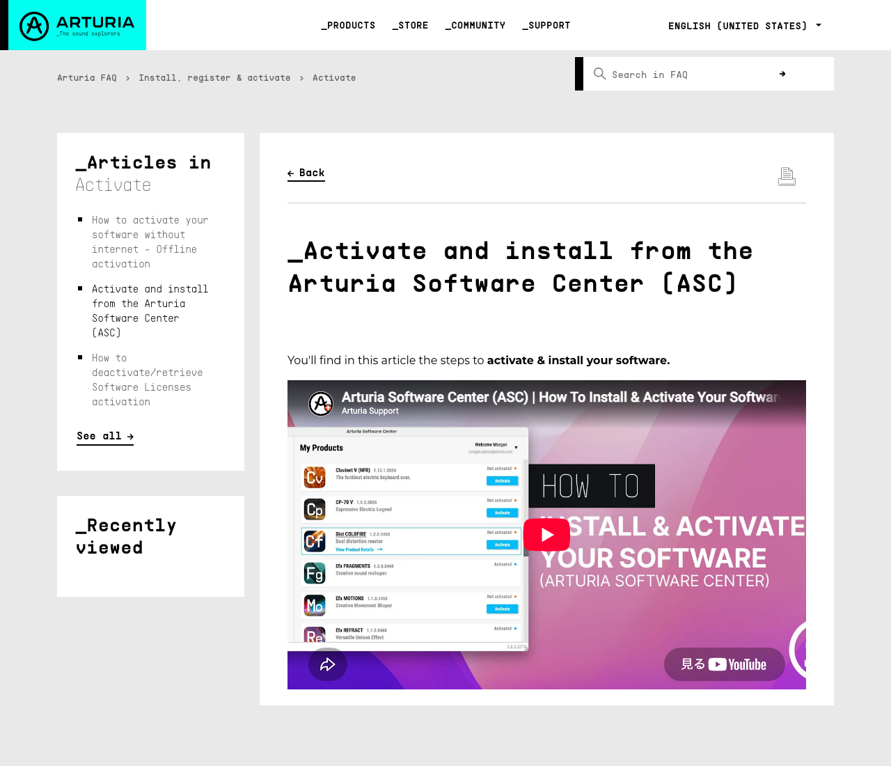 Arturia公式サポートの記事「Activate and install from the Arturia Software Center (ASC)」