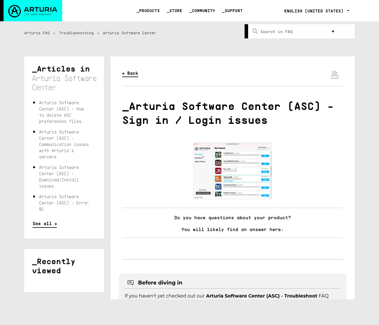 Arturia公式サポートの記事「Arturia Software Center (ASC) - Sign in / Login issues」