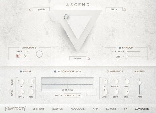 Heavyocity ASCEND: Modern Grand の画面。中央の三角形で音源の混ざり方を決め、下に SHAPE・CONVOLVE・AMBIENCE が並ぶ（Plugin Boutique の製品画像）