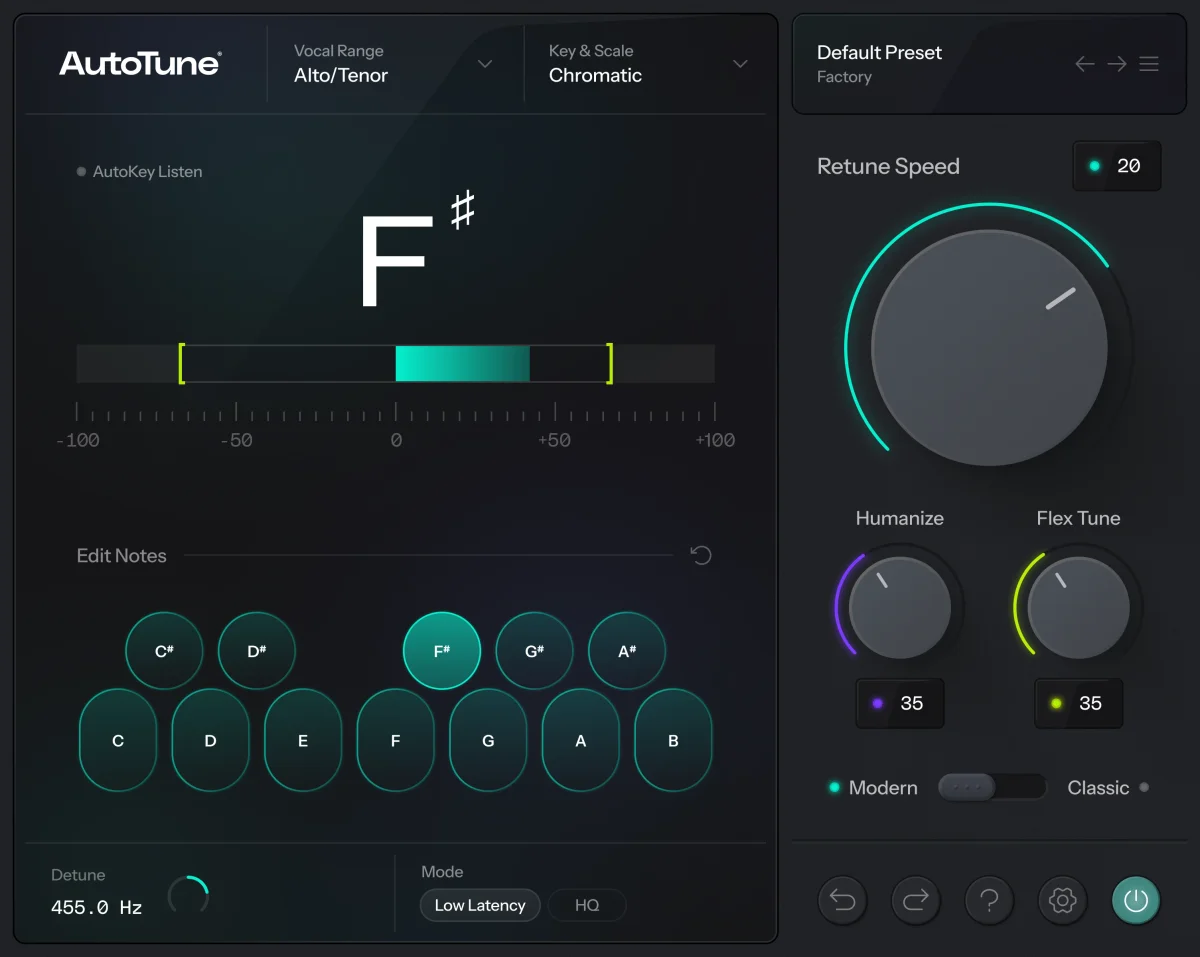 AutoTune 2026 の画面。Retune Speed の大きなつまみと鍵盤だけの、自動補正に絞った作り(Antares 公式サイトの製品画像)