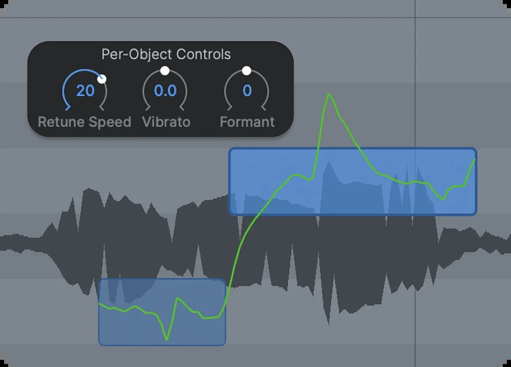 AutoTune Pro 11 の Retune Speed・Vibrato・Formant のつまみ。音ごとに補正の速さを変えられる(Antares 公式サイトの製品画像)