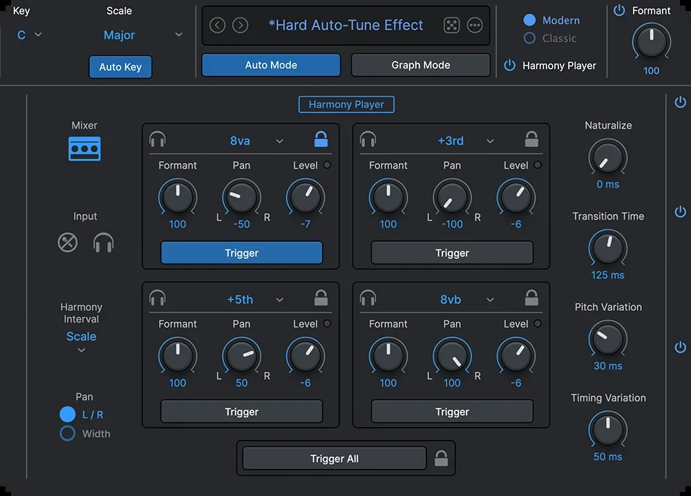 AutoTune Pro 11 の Harmony Player。4つのハモりの音程・定位・音量を1画面で決める(Antares 公式サイトの製品画像)