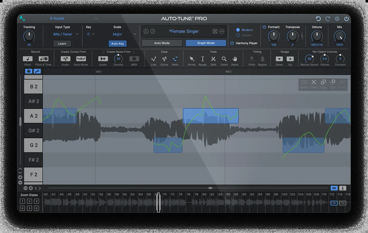 AutoTune Pro 11 の Graph Mode の画面。歌のピッチ(緑の線)と、直す先の音(青い四角)が鍵盤に沿って並ぶ(Antares 公式サイトの製品画像)