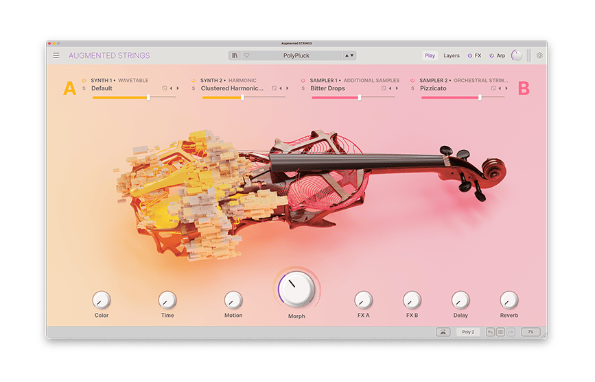 V Collection 11 Introに入っているAugmented STRINGSの画面。弦のサンプルとシンセを混ぜる音源（Arturia公式の製品画像）