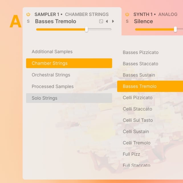 Augmented STRINGSのSAMPLERの音の選び方。Chamber Strings・Orchestral Strings・Solo Strings・Processed Samplesなどから、Basses Tremoloのような奏法を選ぶ(Arturia公式サイトの画像より)