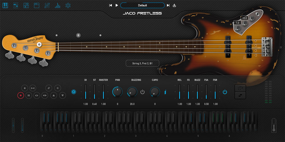 Ample Bass Jaco Fretlessのメイン画面。サンバーストのフレットレスベースの指板とつまみ（Plugin Boutiqueの製品画像）