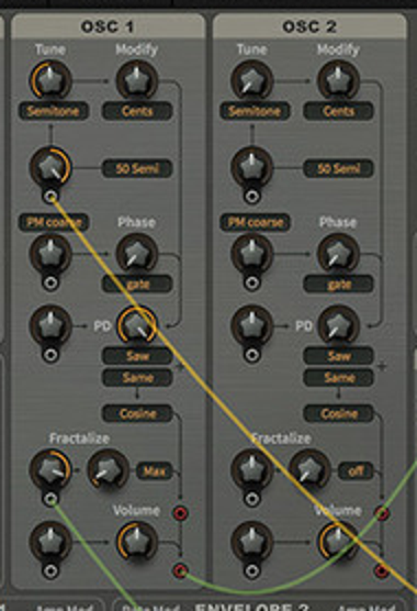 Bazille のオシレーター2つ分。Tune・PM coarse（FM）・PD（位相歪み）・Fractalize のつまみが縦に並ぶ（Plugin Boutique の製品画像の一部）