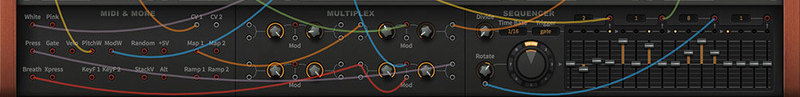 Bazille の画面の下段。左に MIDI の出口、中央に MULTIPLEX、右に16ステップのシーケンサー（Plugin Boutique の製品画像の一部）