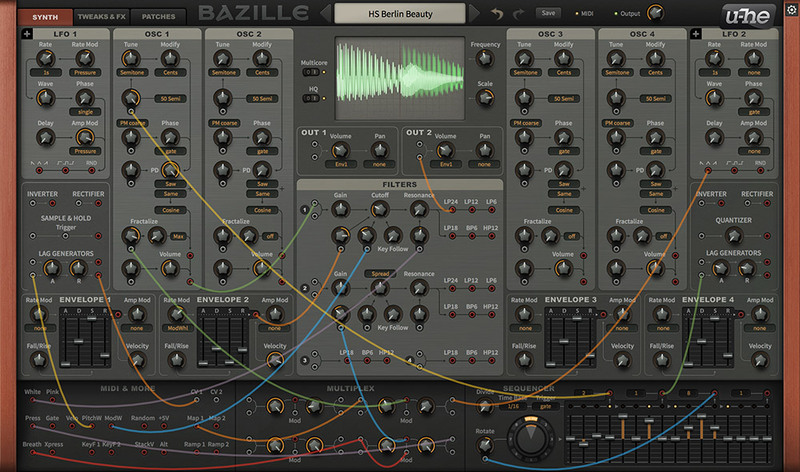 u-he Bazille の画面。上に4つのオシレーターと2つの LFO、中央にフィルター、下にシーケンサーが並び、色つきのケーブルでつながっている（Plugin Boutique の製品画像より）