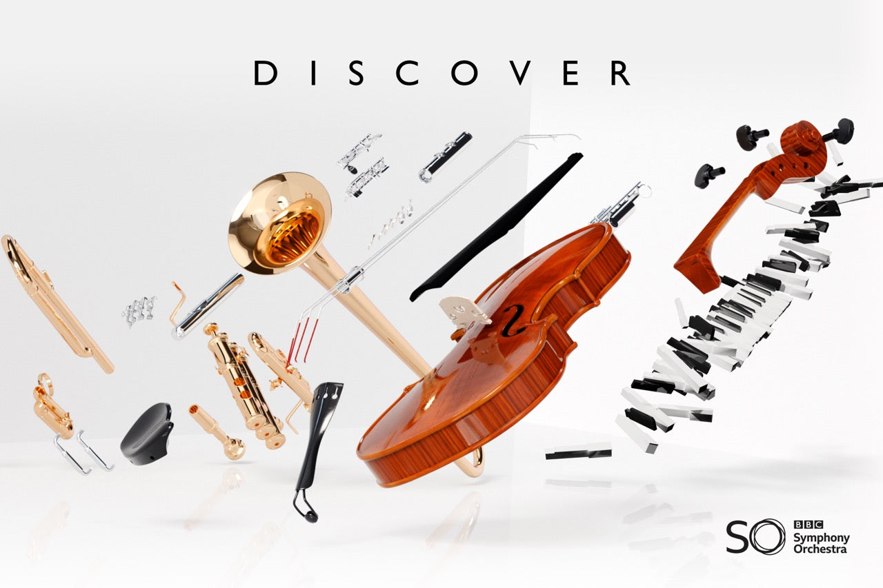 無料のBBC Symphony Orchestra Discoverの紹介画像。弦・木管・金管・ピアノの楽器が並ぶ（Spitfire Audio公式サイトより）