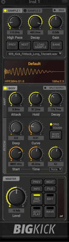 BigKick の画面。上から SAMPLE(アタックのサンプル)・波形の表示・BODY(低音を作る部分の AMP と PITCH)・MASTER が縦に並ぶ(Plugin Boutique の製品画像)