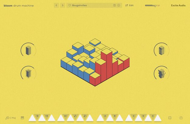 Excite Audio Bloom Drum Machineの画面（Plugin Boutiqueの製品画像）。黄色い背景に、パターンが積み木のようなブロックで表示されている