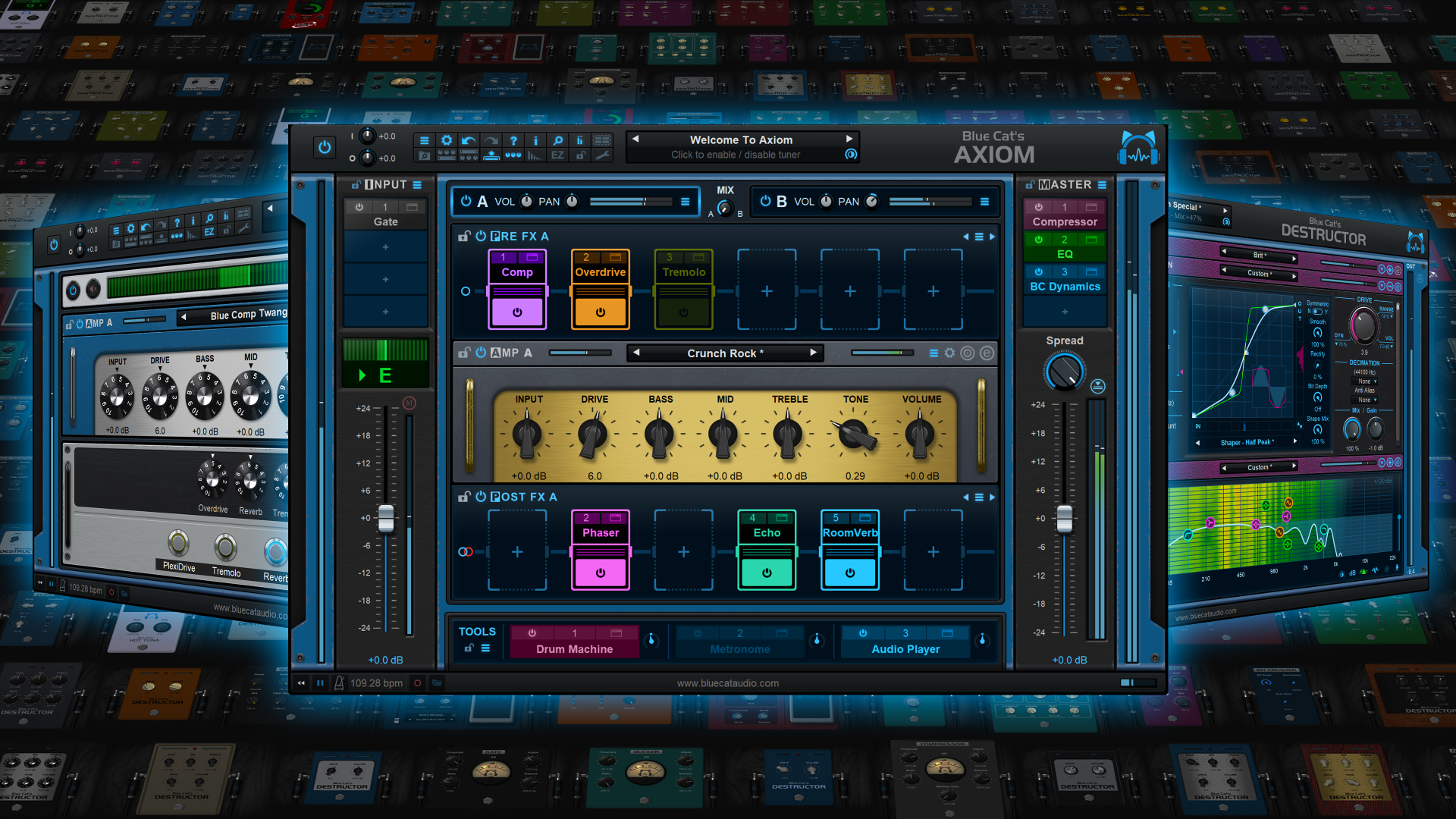 Axiom 2の画面。左にINPUT、中央にPRE FX・AMP・POST FX、右にMASTERが並ぶ（Blue Cat Audio公式サイトより）