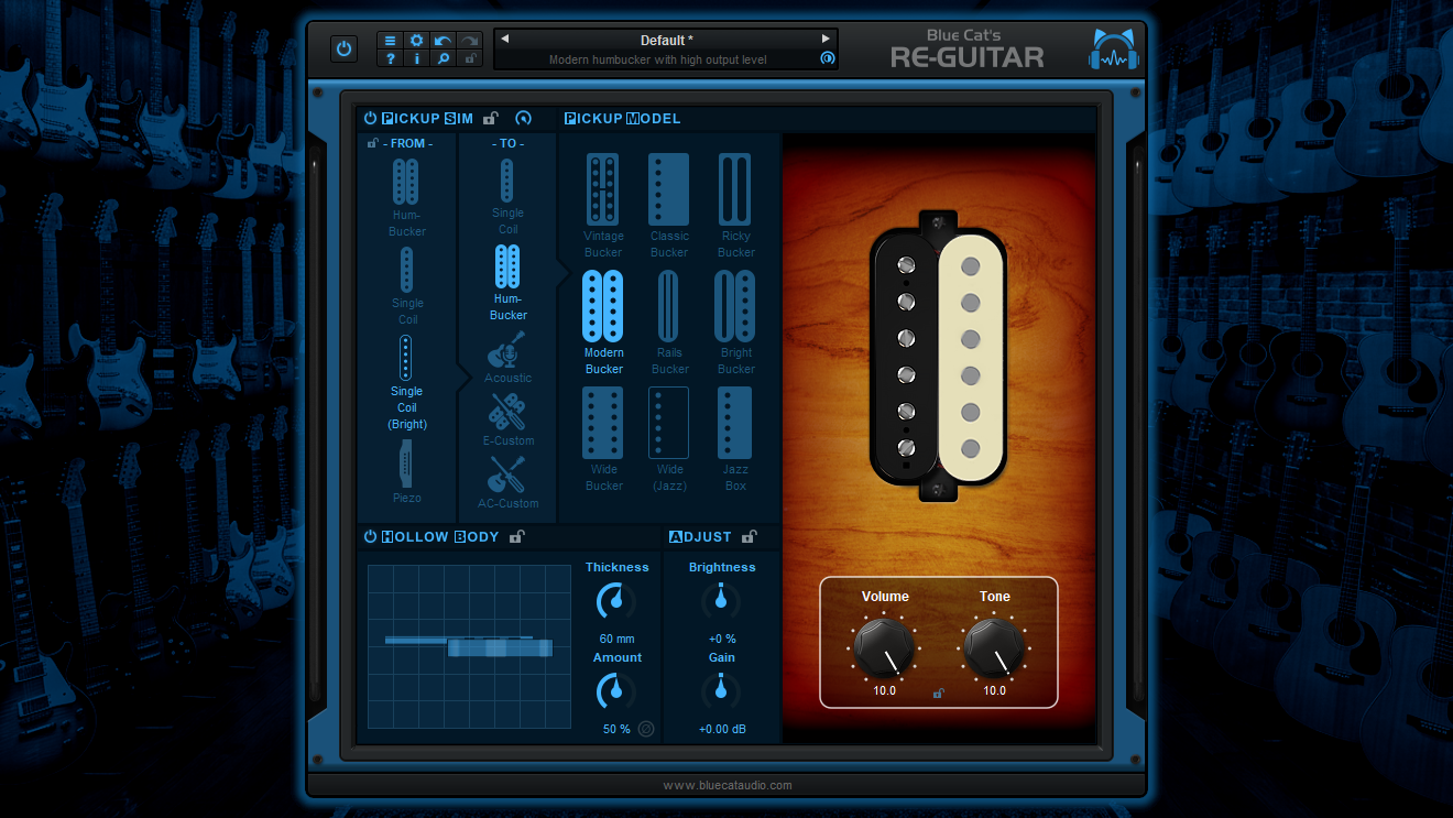 Re-Guitarの画面。左のFROMで録ったギターのピックアップ、TOで変えたいピックアップを選ぶ（Blue Cat Audio公式サイトより）
