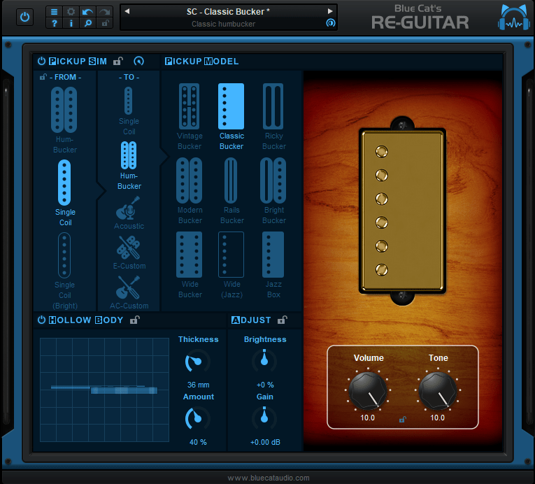 Re-GuitarでFROMをSingle Coil、TOをClassic Buckerにした画面（Blue Cat Audio公式サイトより）