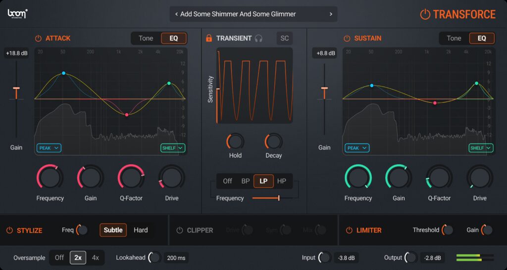 TRANSFORCEの画面。左がATTACK、右がSUSTAINでそれぞれにEQ、真ん中にTRANSIENTの検出、下の段にSTYLIZE・CLIPPER・LIMITER(BOOM Library公式の画像)