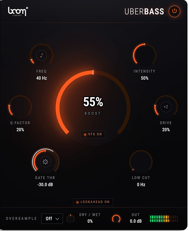 UBERBASSの画面。真ん中の大きなBOOSTのつまみのまわりに、FREQ・INTENSITY・Q-FACTOR・DRIVE・GATE THR・LOW CUTが並ぶ(BOOM Library公式の画像)