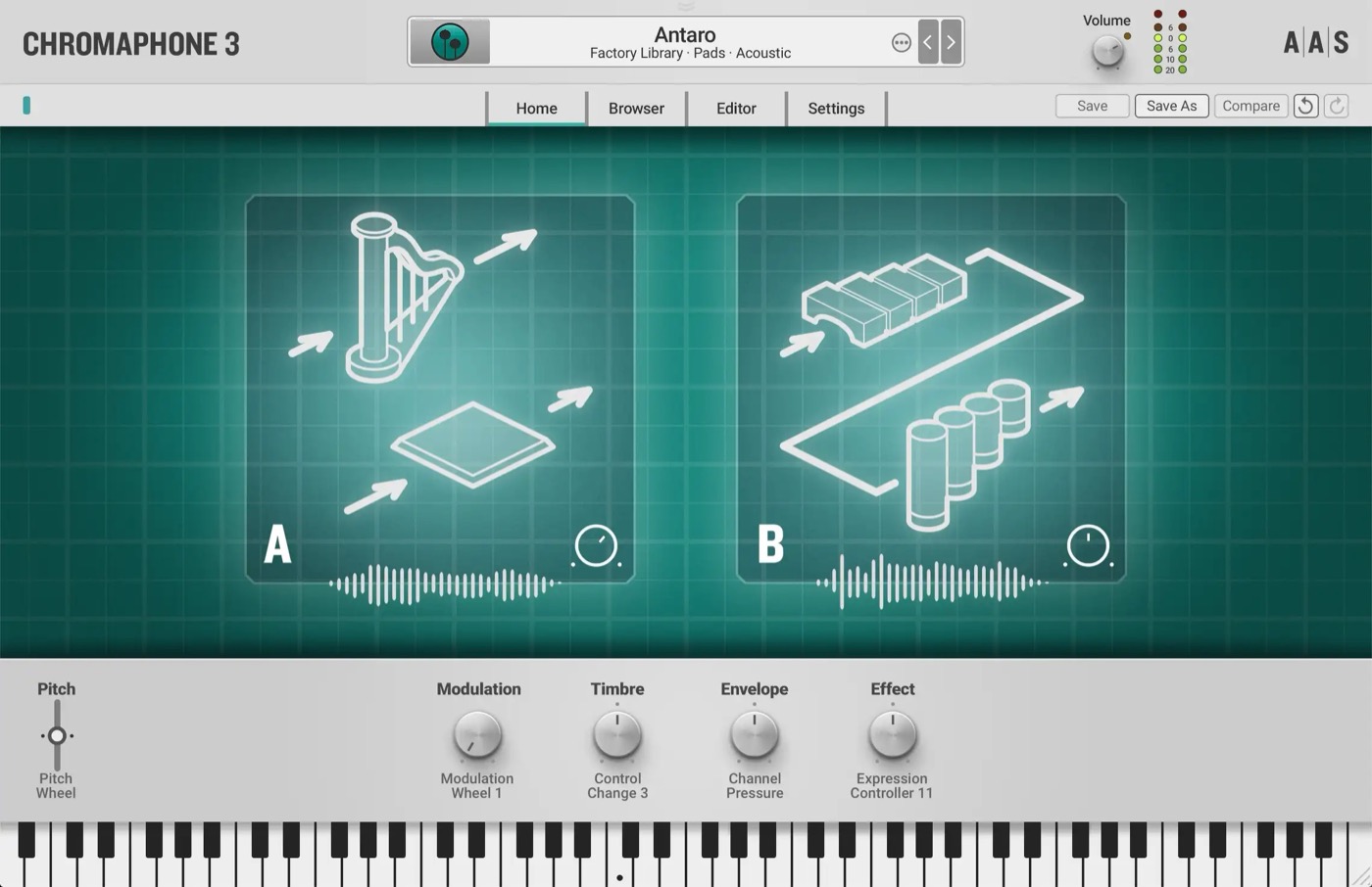 Chromaphone 3のHome画面。AとBの2つの音がそれぞれ弦や板、木琴の鍵盤、管の共鳴体の組み合わせで描かれ、下にModulation・Timbre・Envelope・Effectの4つのマクロが並ぶ（AAS公式より）