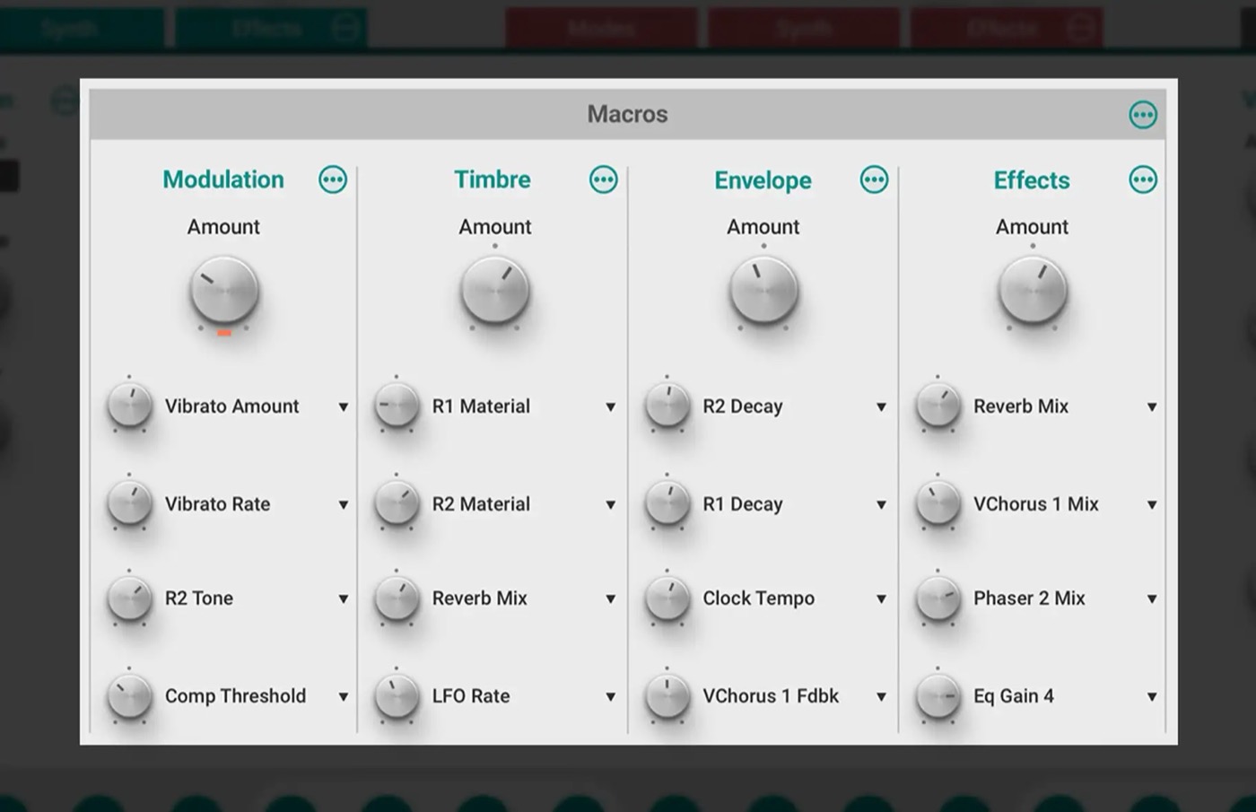 Chromaphone 3のMacros画面。Modulation・Timbre・Envelope・Effectsの4つのマクロに、それぞれ4つまでパラメーターを割り当てられる（AAS公式より）