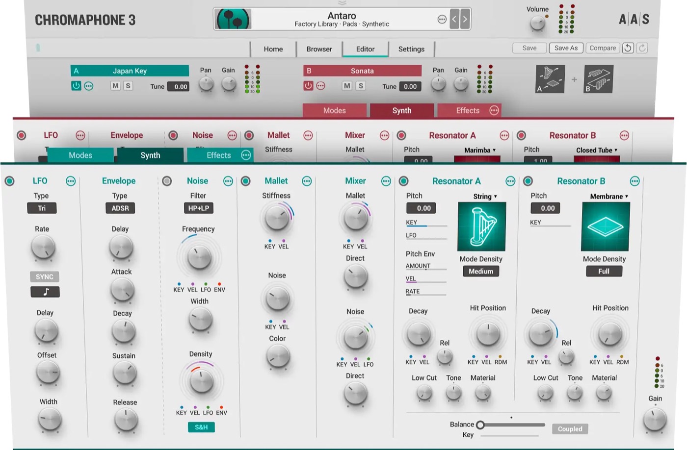 Chromaphone 3のEditor画面。AとBの2つの音それぞれに、LFO・エンベロープ・ノイズ・マレット・ミキサーと、Resonator AとBの2つの共鳴体（String・Membraneなど）の設定が並ぶ（AAS公式より）