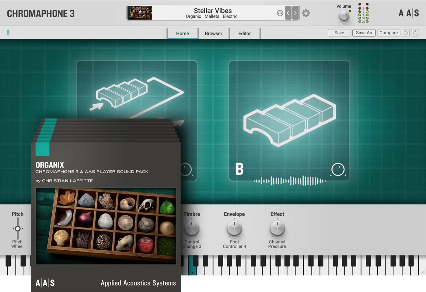 Chromaphone 3で、マレット系のプリセットStellar Vibesを開いた画面。木琴の鍵盤の形の共鳴体が並び、左に拡張パックORGANIXのジャケットが重なっている（AAS公式より）